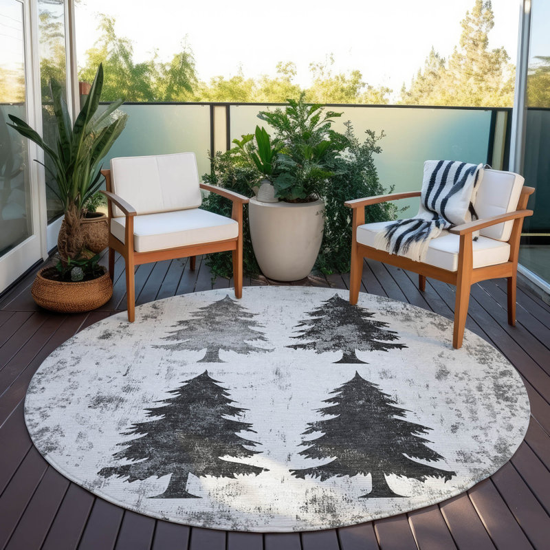 Machine Washable Indoor/Outdoor Christmas Tree Xhevrie Gray Rug, Round 8'