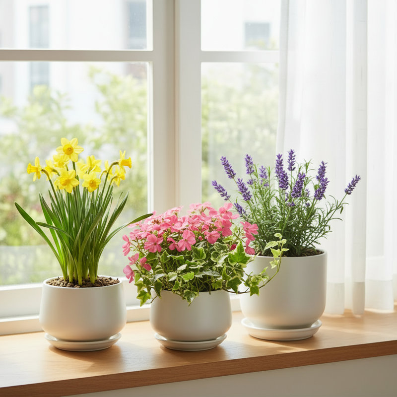 Set Of 3 White Ceramic Planters With Drainage Saucer Mesh Pad Indoor Decor Gift, White