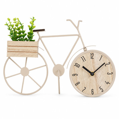 Bicycle Table Clock w/ Planter & Faux Plant - Cream Metal Quartz Desk Ornament