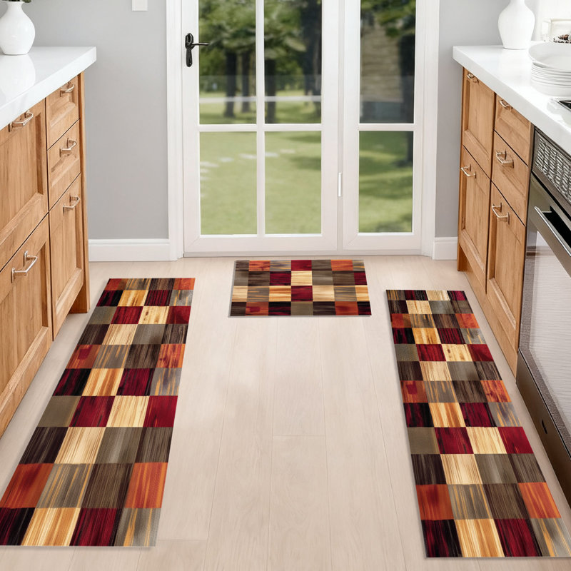 Machine Washable Non-SlipKitchen Mat(Set of 3), Gray/Red/Brown Plaid