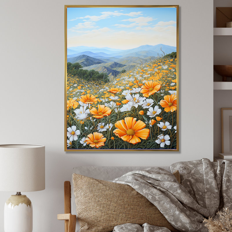 Jaune souci jaune dans un paysage de montagne II sur toile, Cadre flottant doré, H 20 po x l 12 po x P 1 po