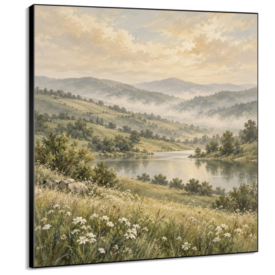 Impression sur tissu grand format - Lac de montagne brumeux et prairie de marguerites pour salon ou chambre - « Assemblage du cadre requis (cadre inachevé) »