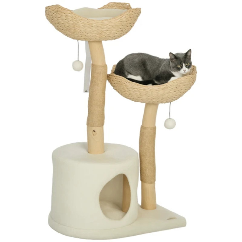 Arbre à chat moderne de 37 pouces avec poteaux à griffer en bois, condo, lits, coussins, boules de jouets et ensemble anti-basculement