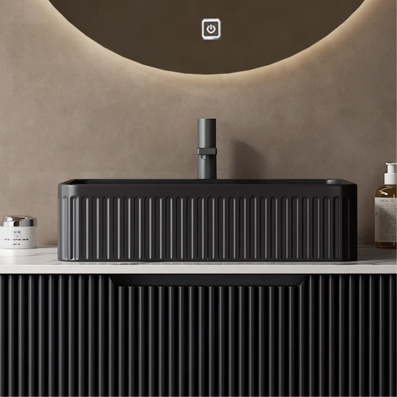 20"Bathroom Sink, Rectangular Striped Vessel Ceramic Basin without Faucet, NO Cabinet, Black