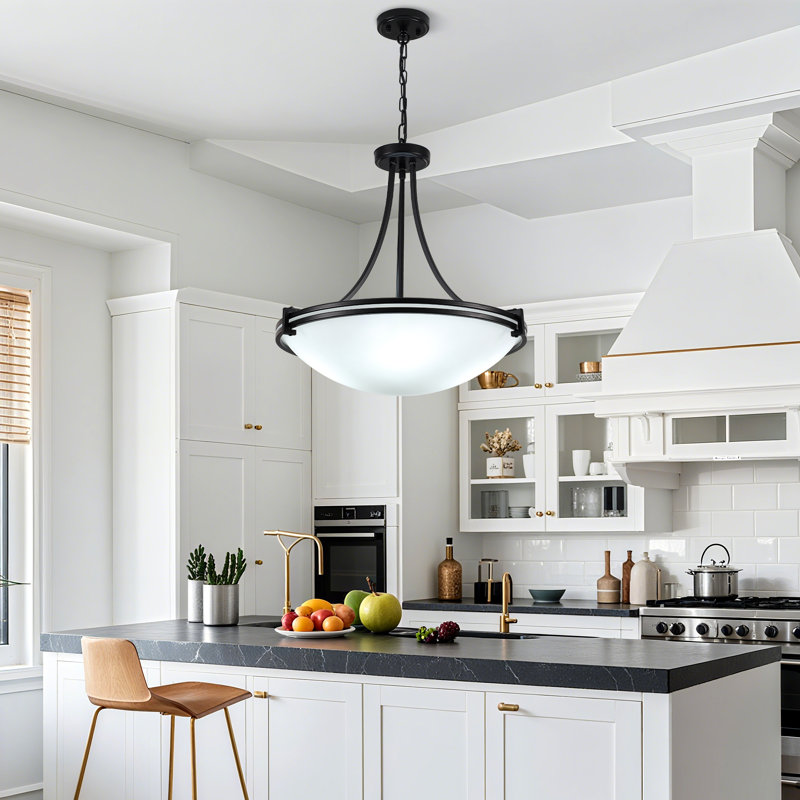 4 - Light 20.5" Traditional Dimmable Bowl Glass Pendant in Matte Black for Dining Room Bedroom, Matte Black, 4 Lights