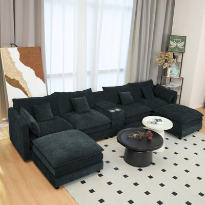 Deborah Chenille Sectional Sofa with Movable Ottomans & Cup Holders
