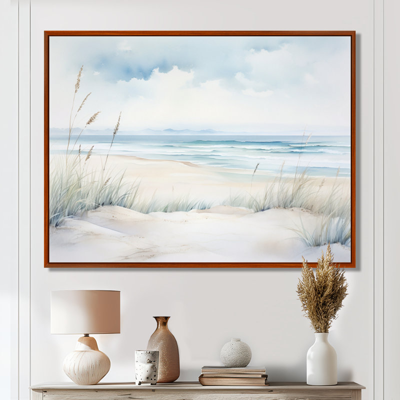 «Soft Color Beach Horizon III - Coastal Minimalisme», art mural, H 12 po x l 20 po x P 1 po, Cadre flottant brun