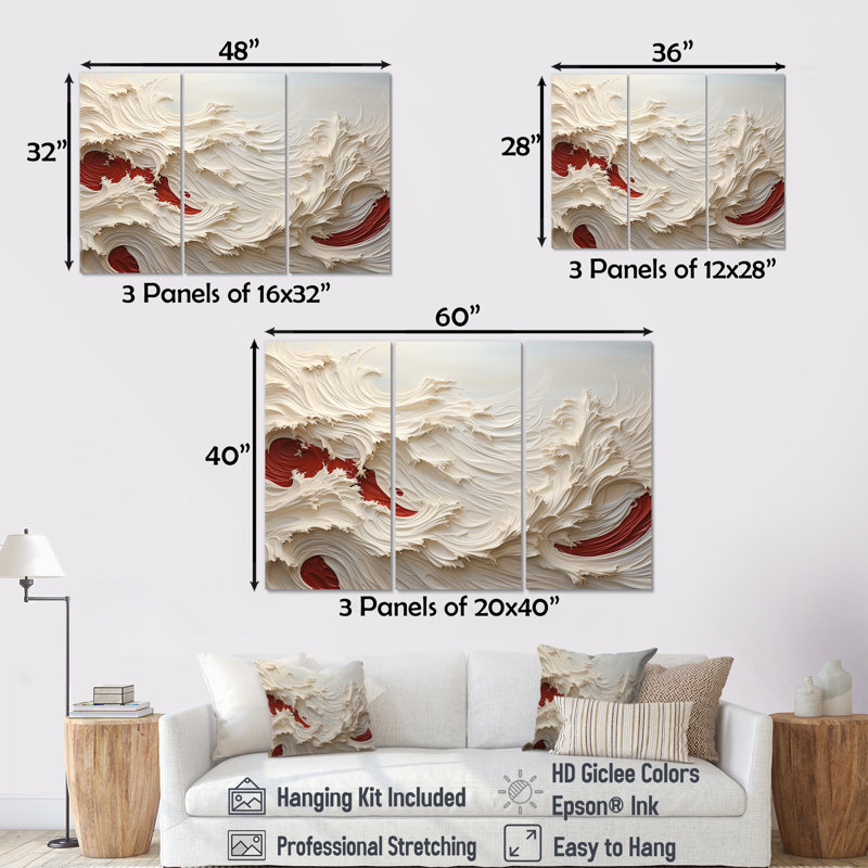Ensemble de décorations murales vagues blanches et rouges style côtier, Toile tendue, H 32 po x l 48 po x P 1 po