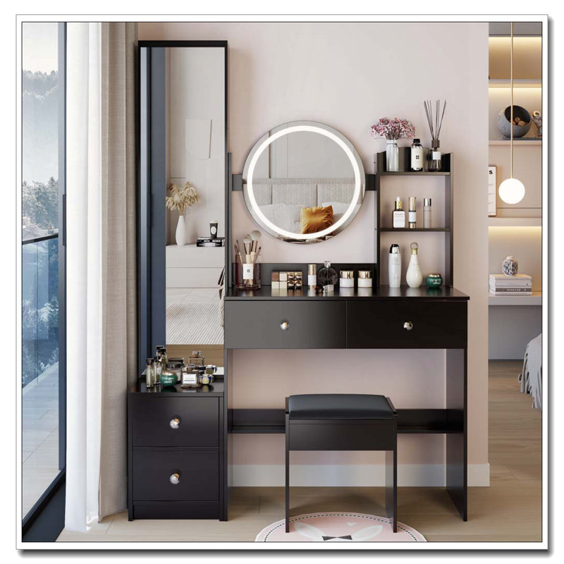 Bureau de maquillage avec miroir et lumières DEL, tabouret confortable, parfait pour les petits espaces et les maisons modernes