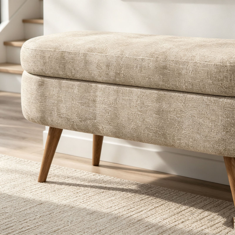 Banc de rangement repose-pieds ovale, pieds en bois d'hévéa, Brun