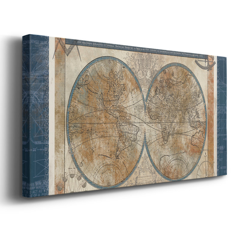 Plan du monde - Toile tendue avec châssis, prête à accrocher, H 25 po x l 49 po, Doré