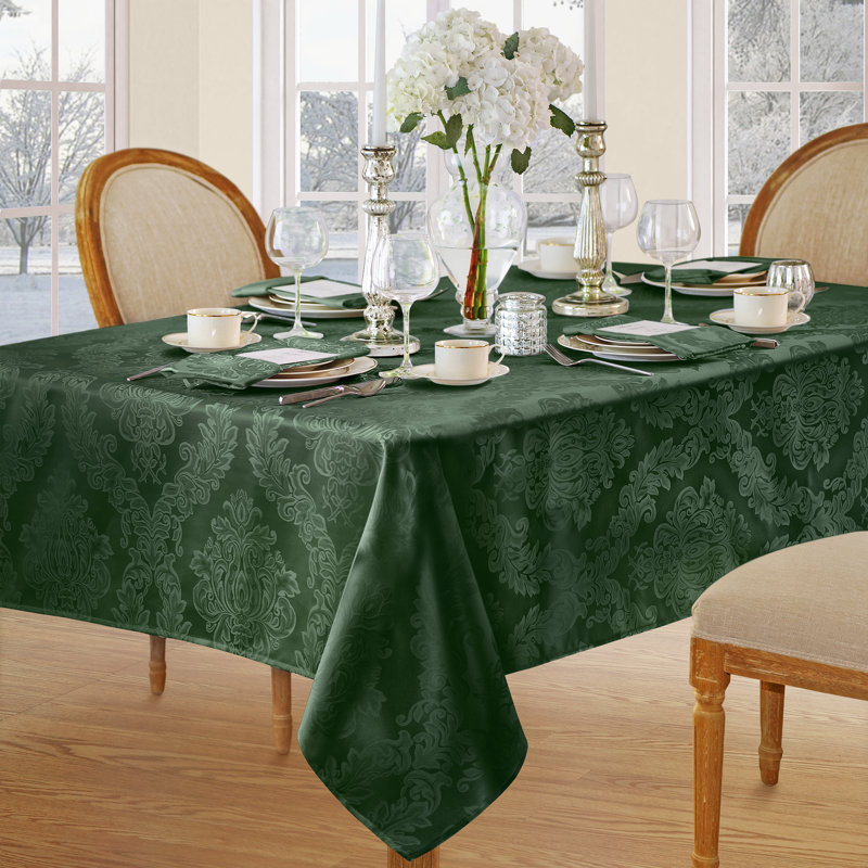 Nappe en jacquard de polyester uni à damas floral Burchfield, L 144 po x l 60 po, Hunter