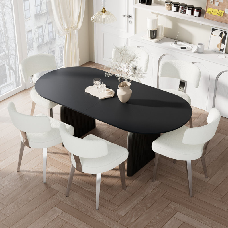 Ensemble de table de salle à manger ovale, 7 pièces (table, 6 chaises), Noir / blanc