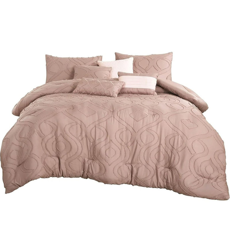 7 Piece Blush Pink Geometric Bedding Comforter Set, Queen Comforter + 6 Additional Pieces Included