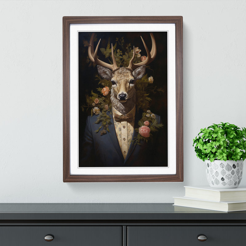 Stag Baroque No.2 - Single Picture Frame Print on Wood, Walnut Framed, 34cm H x 25cm W x 2cm D