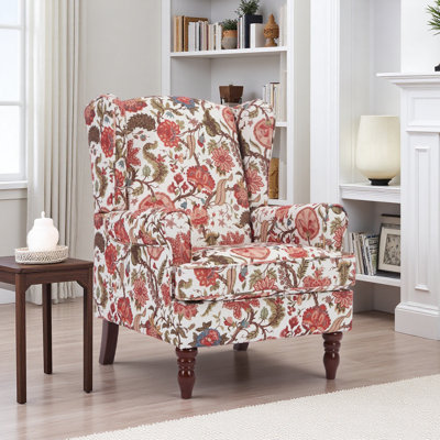 Modern Accent Chair With Retro Wood Legs, Comfy Upholstered Armchair, Floral Design Single Sofa Chair