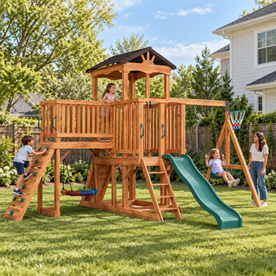 Ensemble de balançoire en bois avec pavillon surélevé, glissade à vagues, balançoire à soucoupe, balançoire à ceinture et mur d'escalade pour enfants de 3 à 12 ans