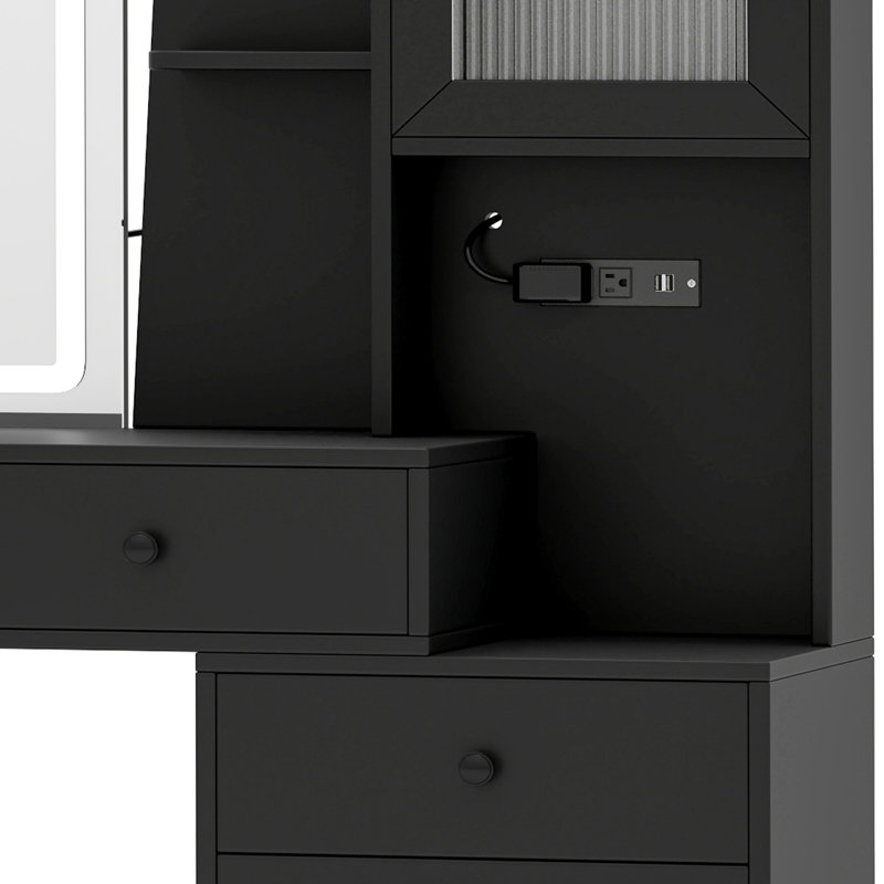 Modern Black Vanity Table with LED Mirror, Built-In Power Hub & Ample Storage
