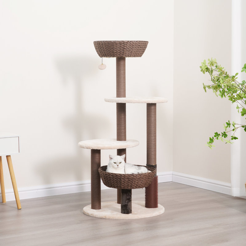 PetPals 48.5" Brown and White Sisal Cat Tree with Plush Perches