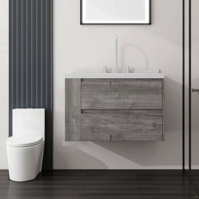 Meuble-lavabo flottant 30 po avec lavabo, tiroir à fermeture en douceur, comptoir et dosseret en marbre de culture blanc de 2 po Carrara, contreplaqué, gris