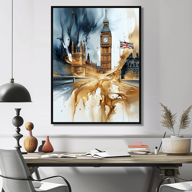 Art sur toile Monetta London Big Ben Glow On Gold I, Noir, Impression encadrée sans passe-partout, H 20 po x l 12 po
