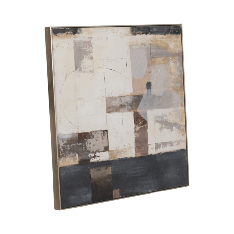 Art mural sur toile avec motif géométrique abstrait texturé sur toile et cadre en bois - Style transitionnel moderne pour le bureau de la chambre à coucher - Ivoire, bleu, brun