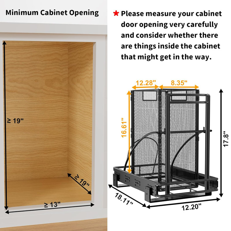 Cabinet Trash Can Pull Out Kit, Heavy Duty Under Sink Garbage Can Pull Out And 30 Qt Metal Mesh Trash Can, Trash Can Drawer Slider For Kitchen Cabinet Counter, Trash Can Included-Black