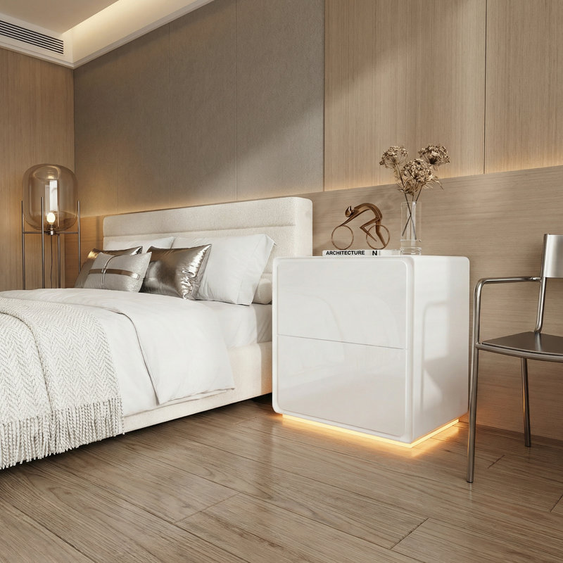 White Nightstand, 20" H — High-Gloss Finish, Built-In LED Base Light