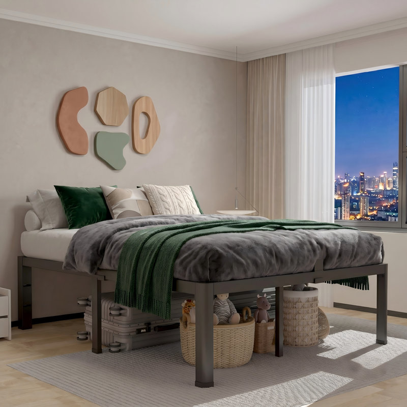 14-Inch Queen Metal Bed Frame Featuring Rounded Corners and Headboard Mounting Holes, Mattress Retainers, 3500LBS Heavy Duty Steel Slats, Noise-Free Platform, Simple Assembly