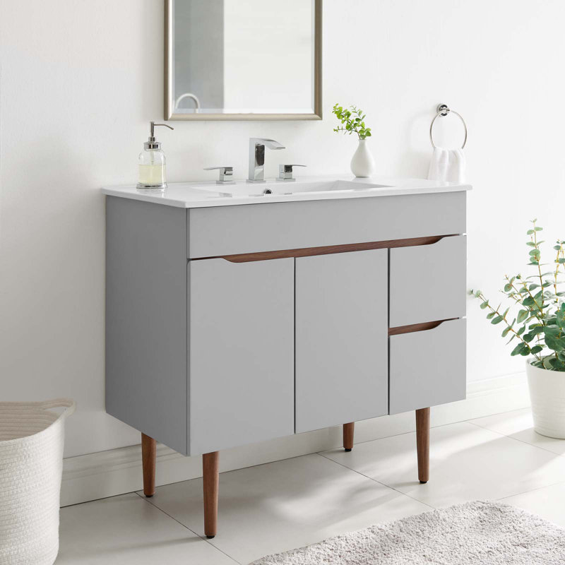 Gray White Mahogany Wood 36" Mid-Century Modern Bathroom Vanity