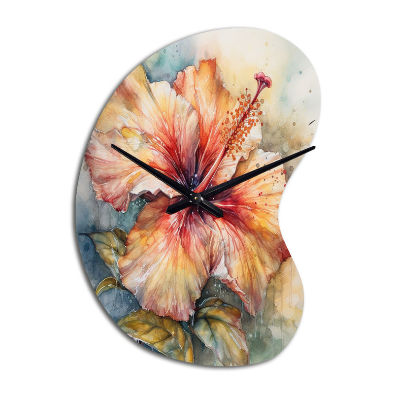 Orange Grey Hibiscus Euphoria II - Unique Shape Traditional Metal Wall Clock, Orange Wall Clock Print, Petit