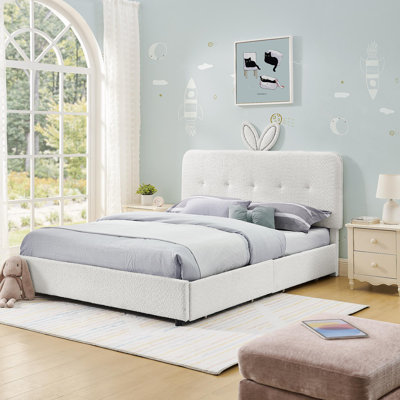 Lit double tapissier pour enfants avec tête de lit surdimensionnée pour oreilles de lapin et synchro musicale, lumière DEL et 4 tiroirs de rangement, tissu bouclé (79,5 po x 55,75 po x 41 po)