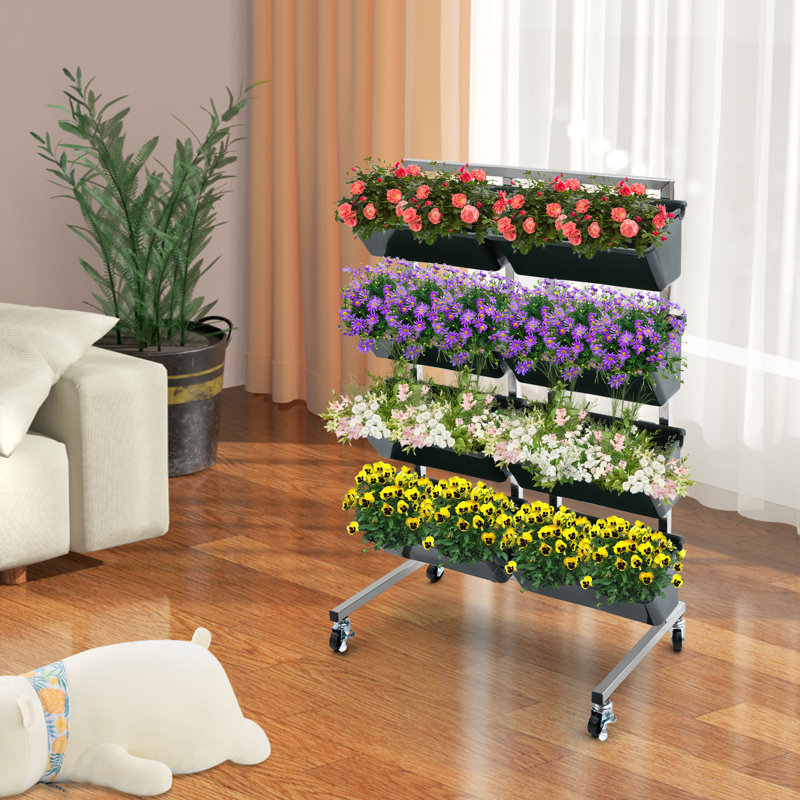 Présentoir à fleurs mobile à 4 niveaux avec 8 jardinières, Vert foncé