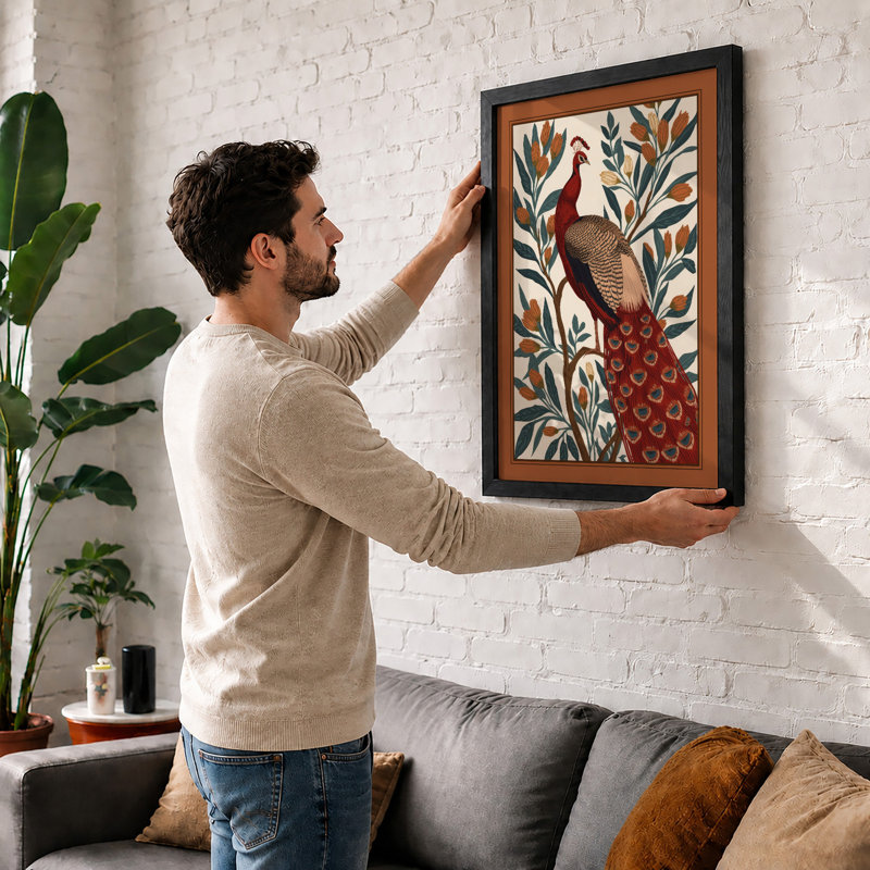 Ornamental Peacock Boho - Framed Print, A3 - 42.0 x 29.7 cm, White