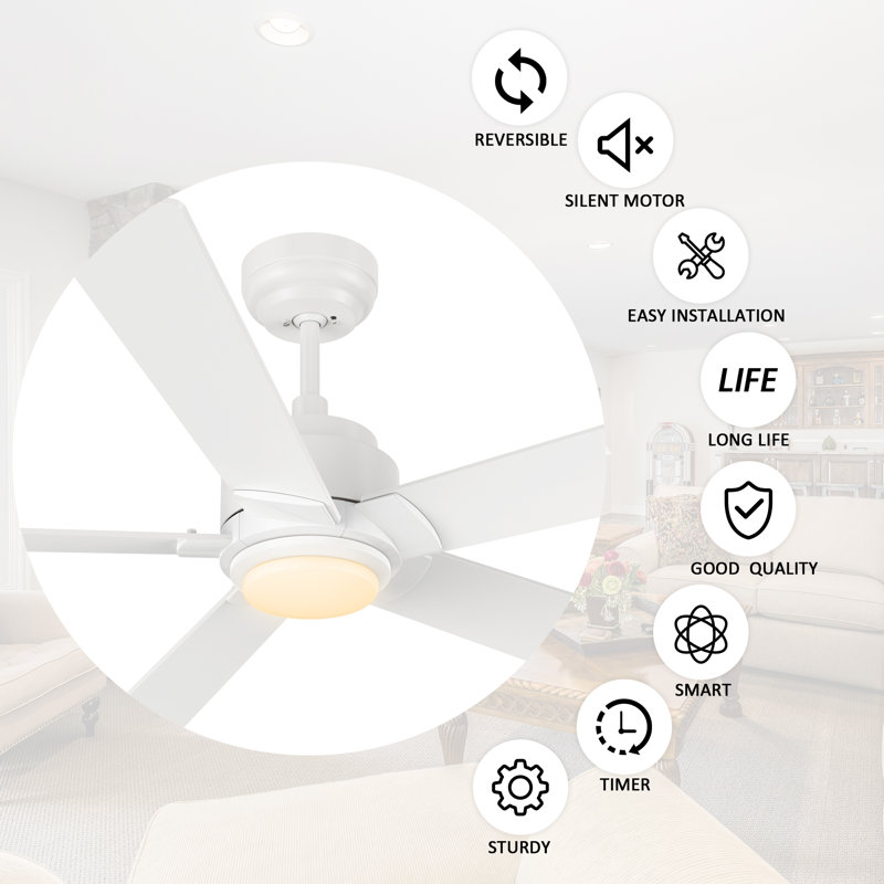 56" 5 - Blade LED Smart Ceiling Fan with Light, White, White