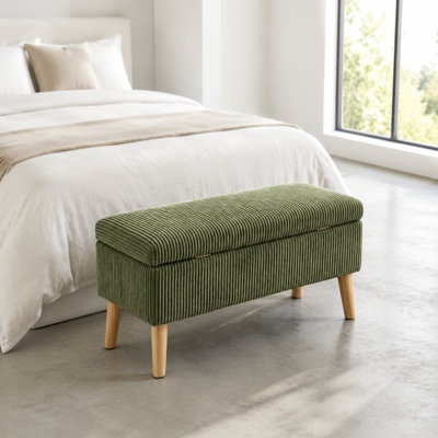 Large banc de repose-pieds avec rangement en velours côtelé avec compartiment rabattable, siège de lit rembourré doux, pieds en bois, repose-pieds et banc à chaussures pour la chambre à coucher, le salon, le vestibule, l'organisation de petits espaces et les sièges de tous les jours
