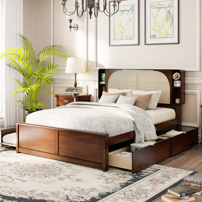Modern Queen Size Bed With Headboard, Two Handy Drawers And Trundle In Walnut Headboard Functional Compartments