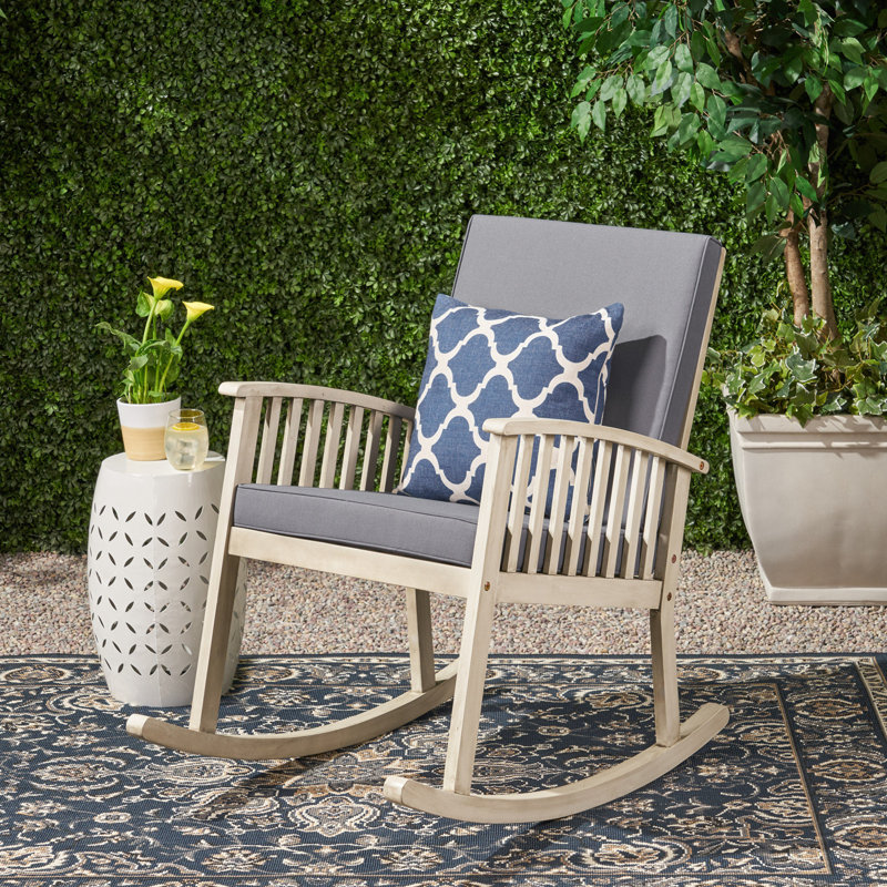Chaise berçante en acacia, Coussin bleu / cadre gris