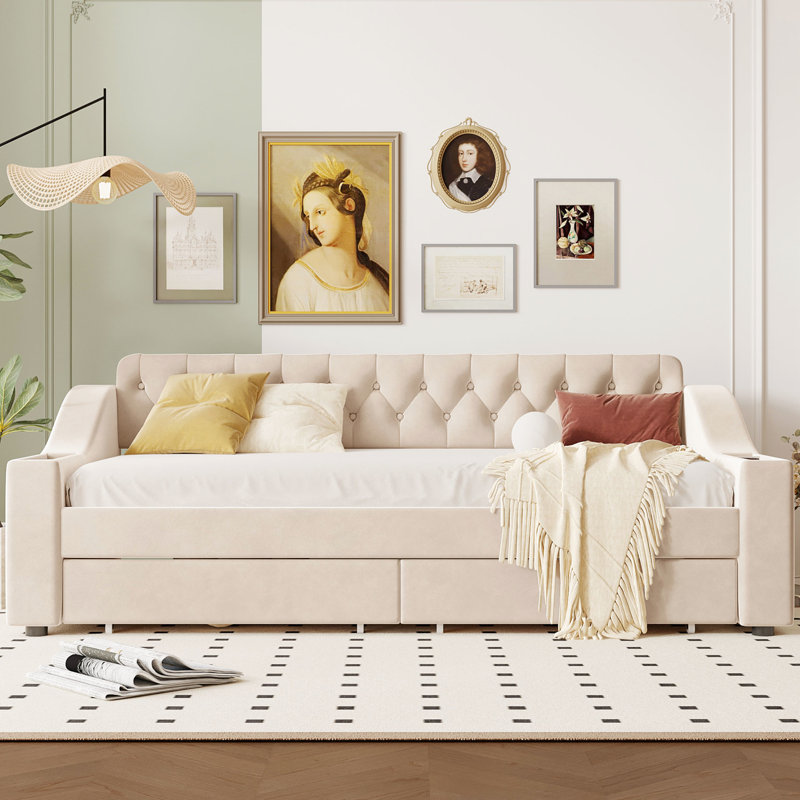 Lit de jour simple rembourré beige avec rangement pour accoudoirs et douille de ton, Beige