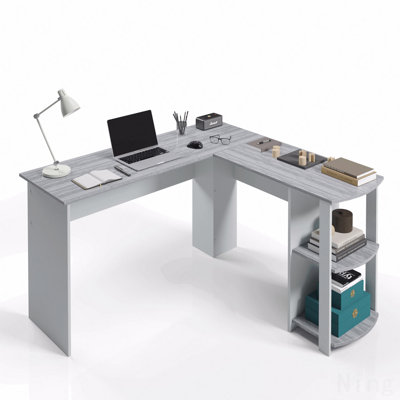 Modern L-Shaped Desk With Side Shelves, Grey