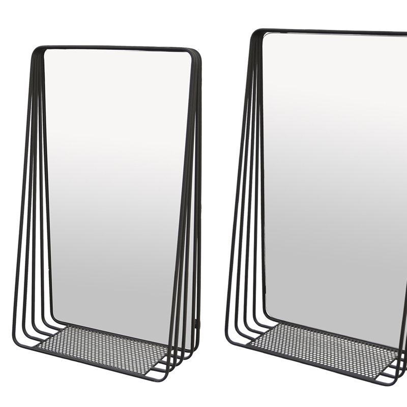 3Pc Decorative Wall Mirror With Shelf Set, Black Metal Rectangular