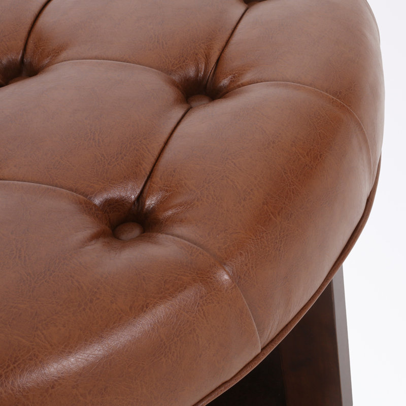 Jadaya Faux Leather and Rubberwood Round Ottoman with Open Shelf, Light Brown PU