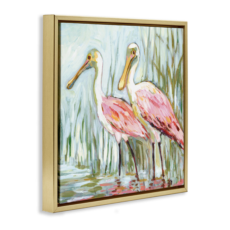 «Spoonbill Birds pair», art mural encadré flottant par Susan Winget, H 18 po x l 18 po, Cadre flottant métallique doré