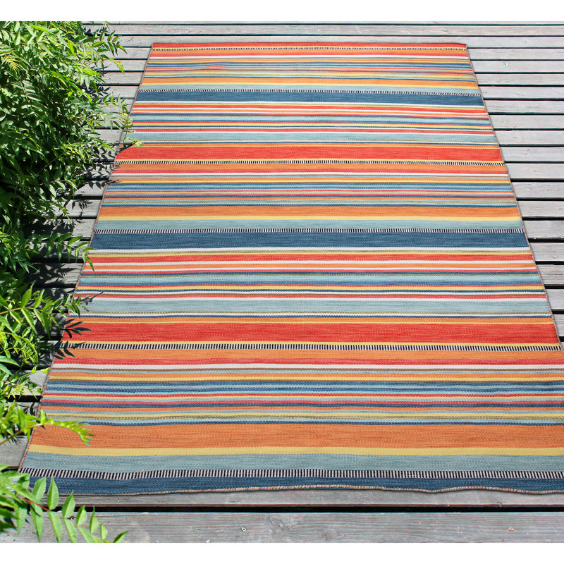 Tapis orange / bleu en polyester tissé à la main Alanas, Rectangle 7 pi 6 po x 9 pi 6 po