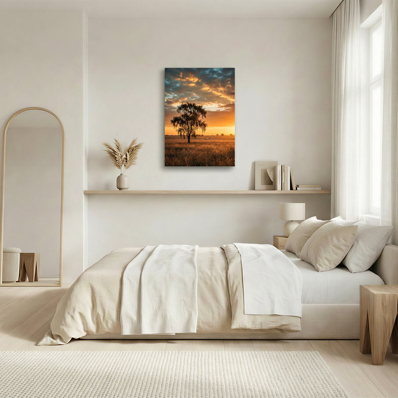 Art mural en forme de silhouettes d'arbres sous un coucher de soleil doré, H 36 po x l 24 po