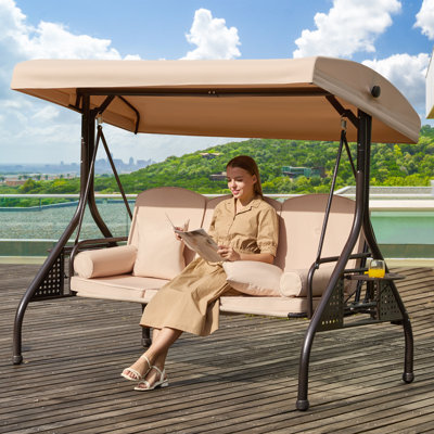 3-Seat Patio Porch Swing With Adjustable Canopy - Outdoor Swing Featuring Three-Position Backrest, Large Convertible 3-In-1 Swing Bed, Thickened Cushions, Pillows, And Cup Holders Porch