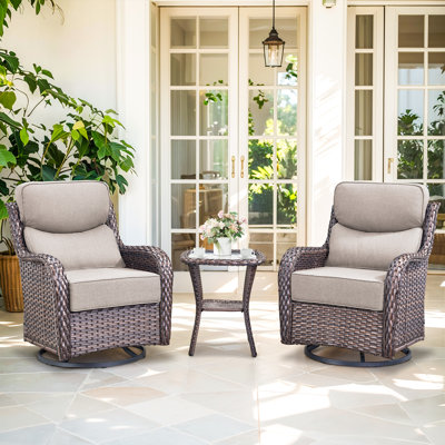 Meriline 2 - Person Outdoor Wicker Seating Group With Swivel & Glider Chairs And Tempered Glass Side Table