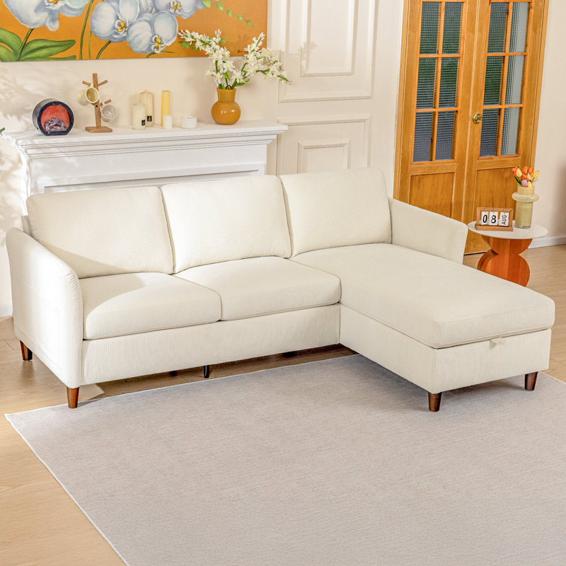 88.5'' W Corduroy Upholstered L Shape Sofa With Chaise Lounge, Hidden Storage & Side Pockets, Solid Wood Legs And Anti-Slip Pads