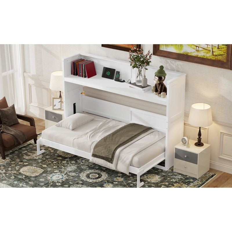 Lit simple TG avec bureau, conduit et port. Finition blanche. Fabriqué en bois massif pour un bureau à domicile fonctionnel ou une chambre d'amis. Stabilité intégrée dans les bureaux des pièces