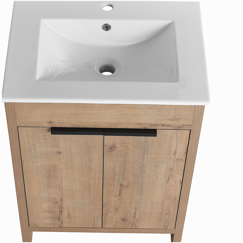 Coiffeuse autoportante de 24 po avec bol en céramique blanche et 2 portes d'armoire à fermeture en douceur, Imitation chêne